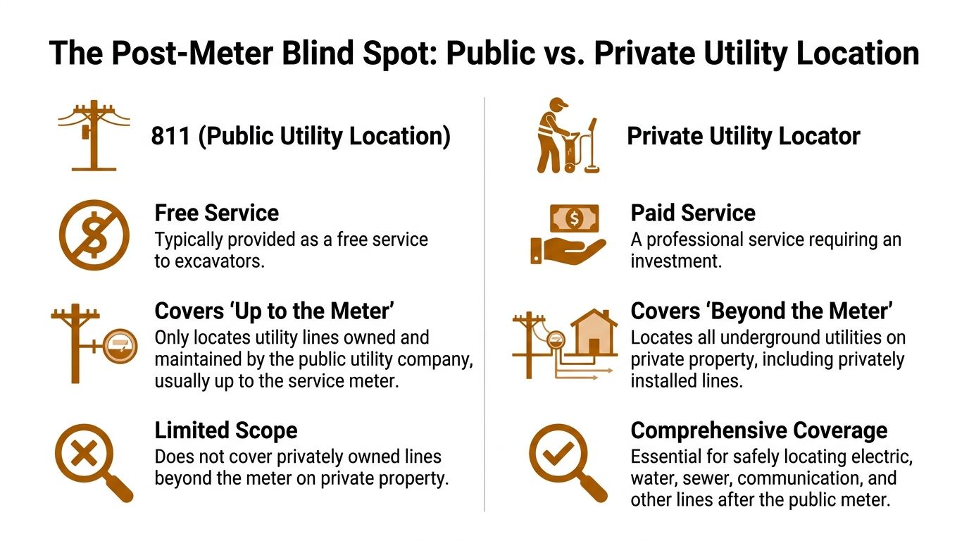 A comparison chart explaining the difference between public utility locating services and private underground utility locators.