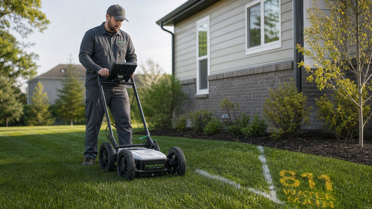 A utility worker using ground-penetrating radar equipment to locate underground utility lines near a house.