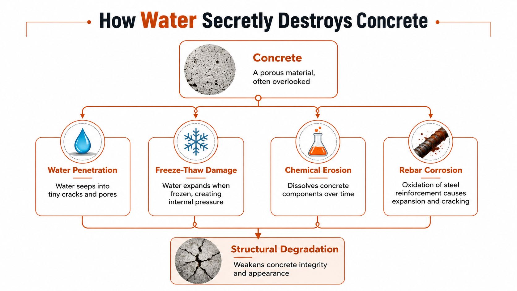 A flowchart explaining how water penetrates and causes structural degradation to concrete through four different processes.