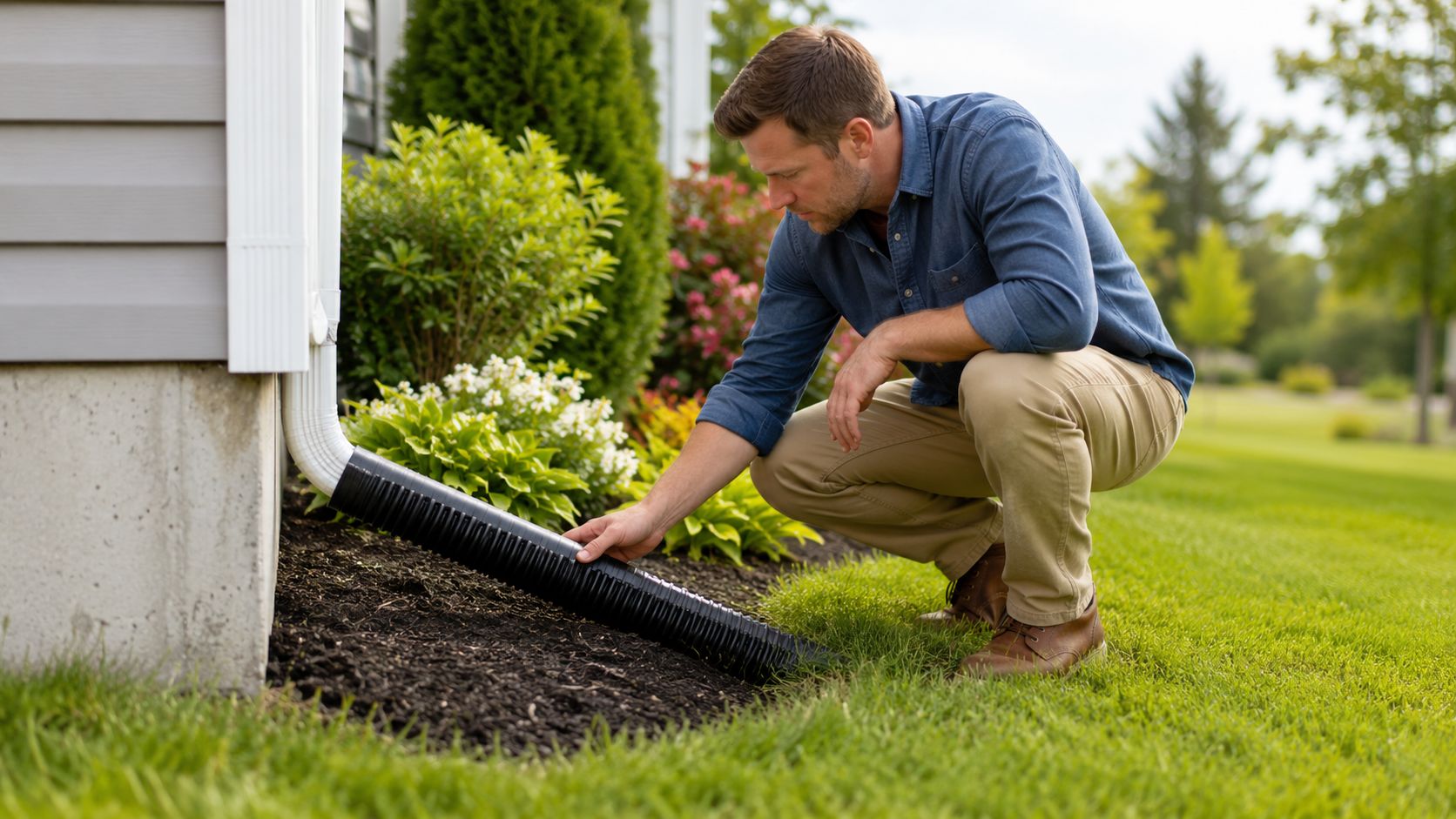 A man inspecting a black corrugated downspout extension attached to a house to prevent water damage.