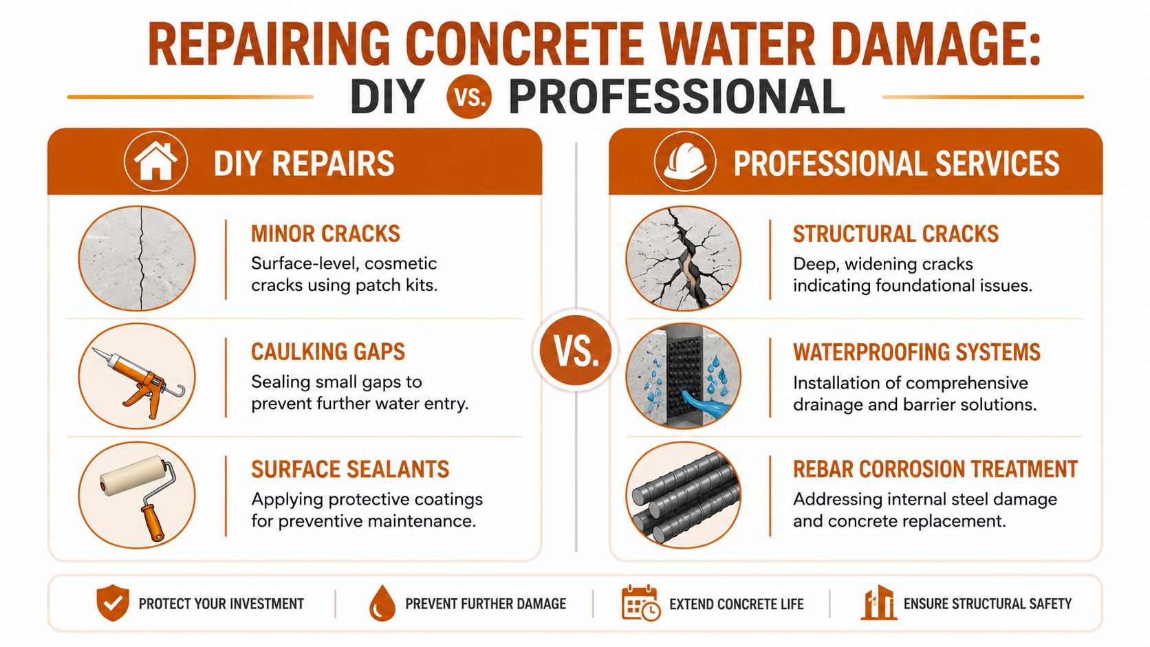 An infographic comparing DIY repairs for minor concrete cracks versus professional services for serious structural damage.