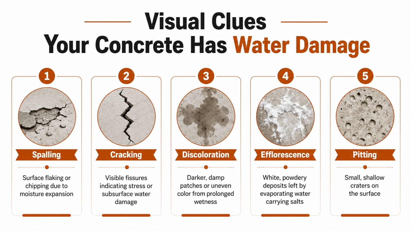 An infographic showing five visual signs of water damage on concrete surfaces, including spalling, cracking, and pitting.