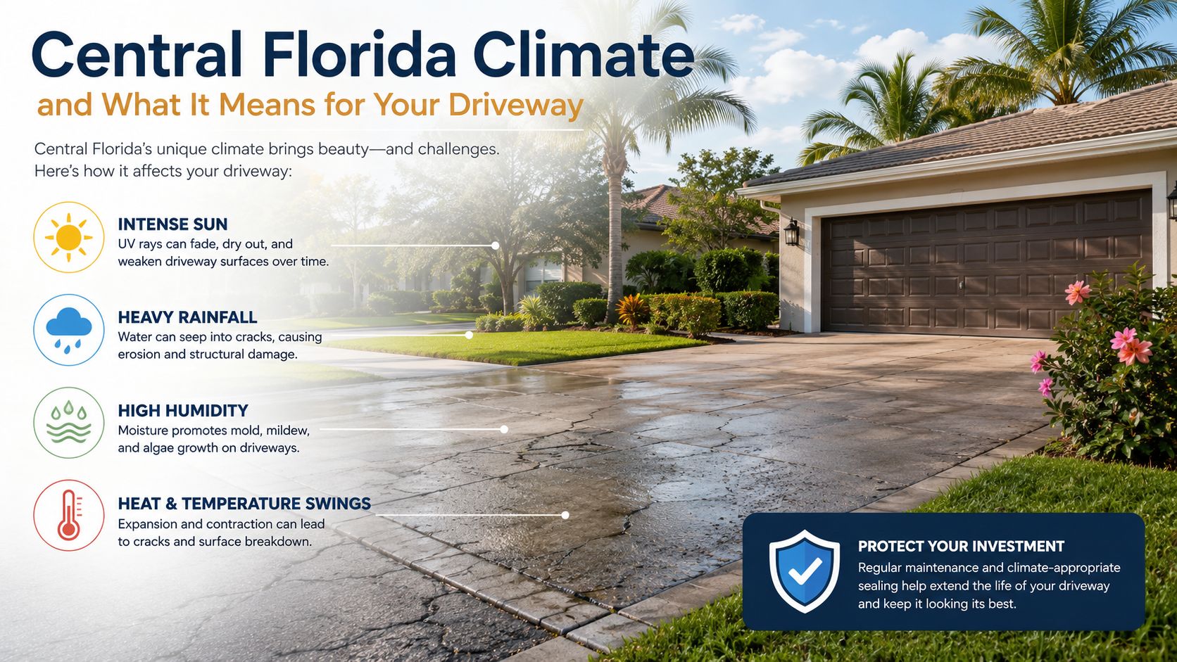 A visual guide explaining how Central Florida climate factors like sun, rain, and humidity damage residential driveways.