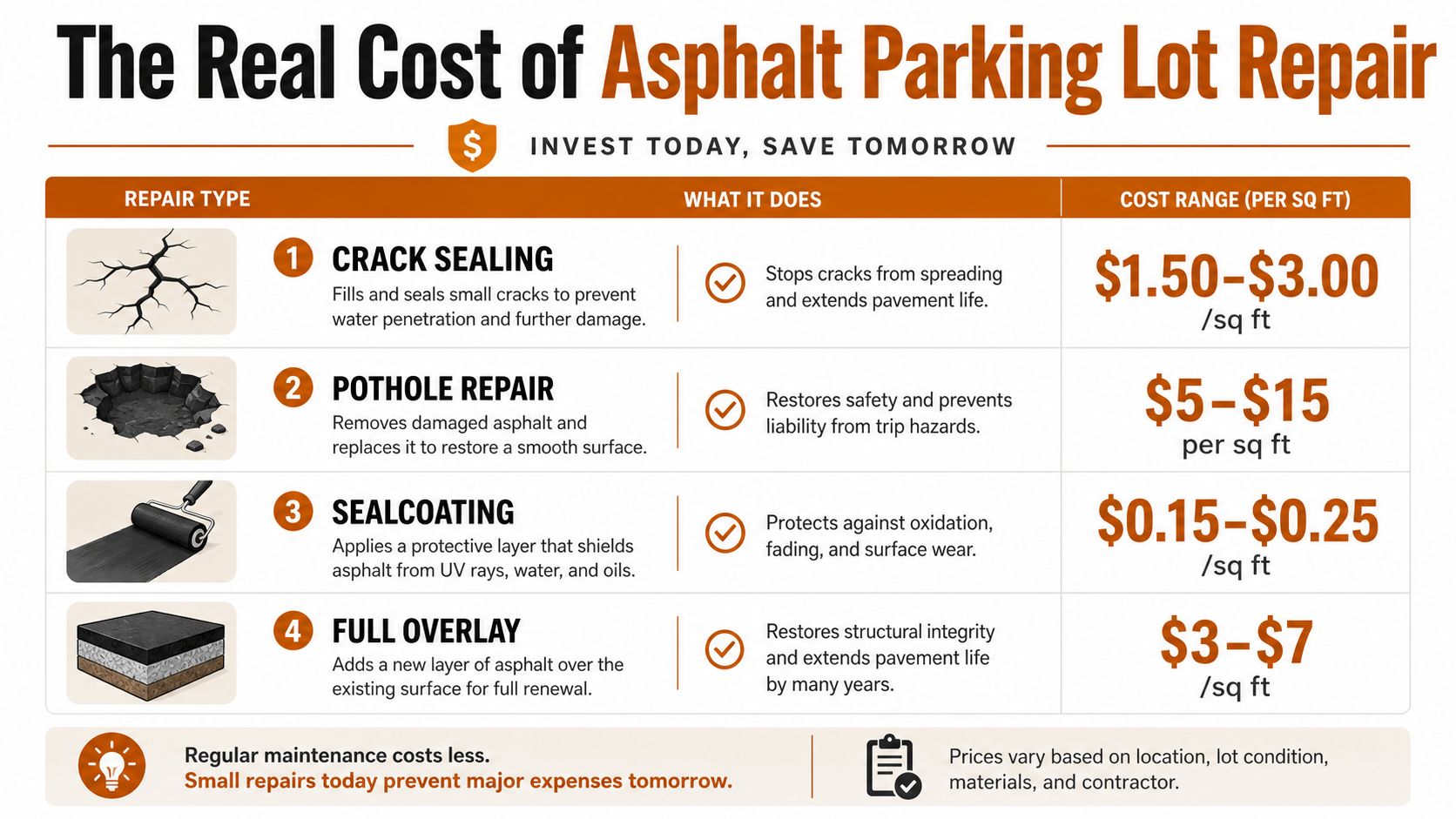A table detailing the various asphalt parking lot repair types, their functions, and associated cost ranges.