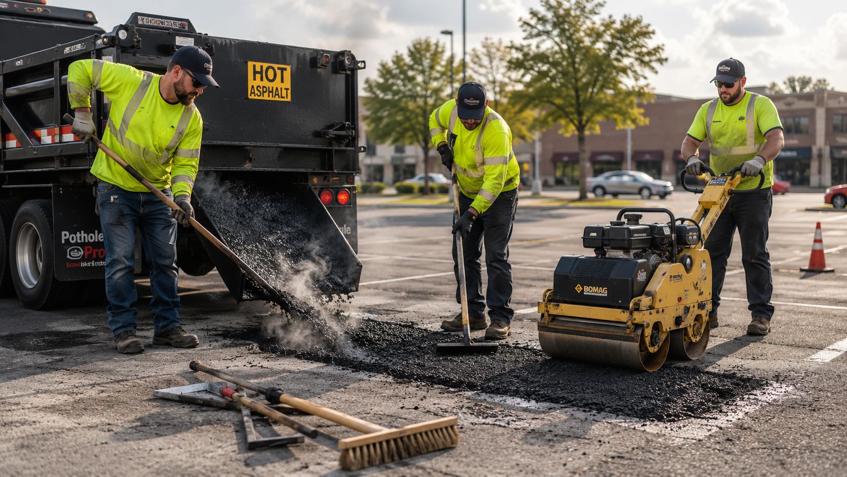 Construction workers repairing a pothole in an asphalt parking lot using a steamroller and hand tools.