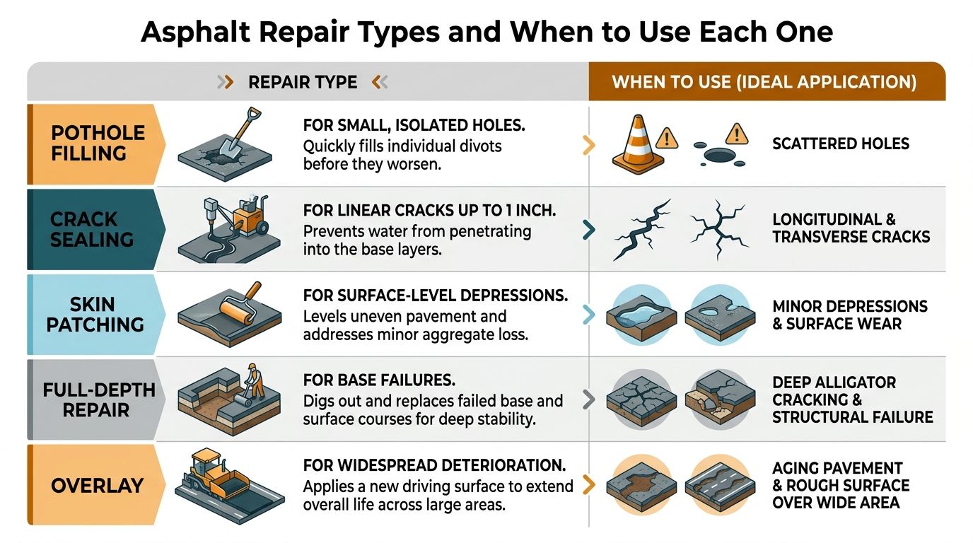 A chart detailing different asphalt repair types and their ideal applications for maintaining pavement surfaces.