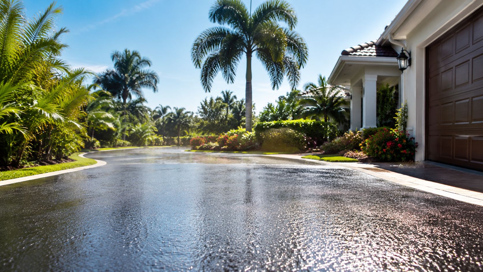 A newly seal coated residential asphalt driveway glistening in the sunlight with lush tropical landscaping and palm trees.