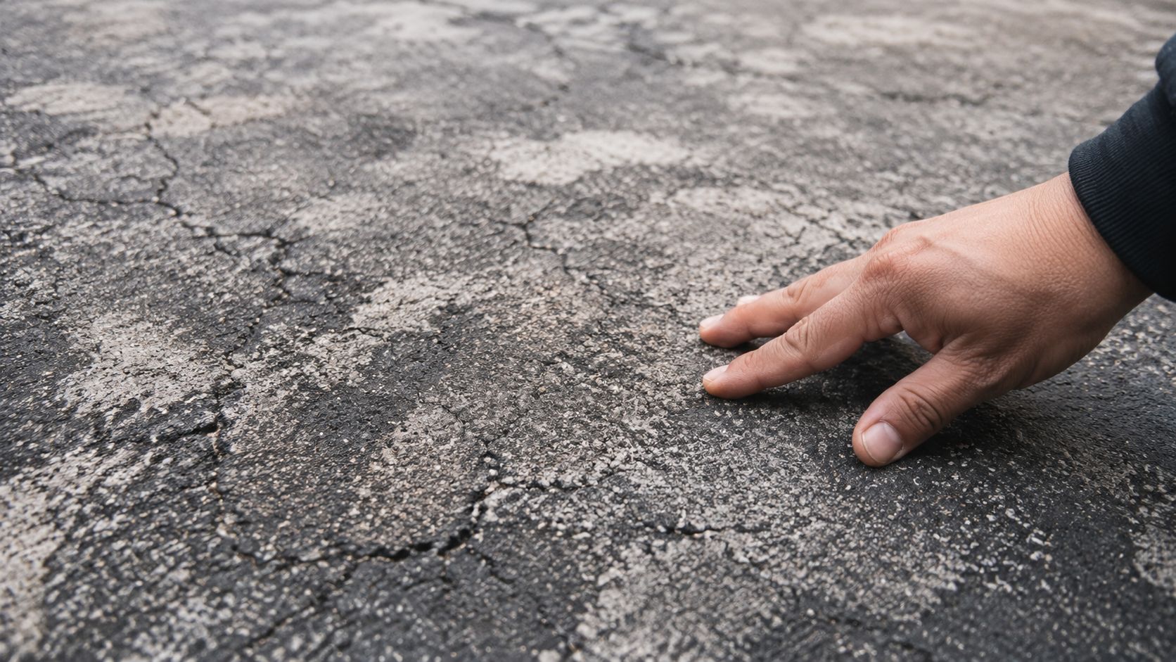 A person's hand reaches down to touch the rough, cracked texture of aged asphalt pavement surface.