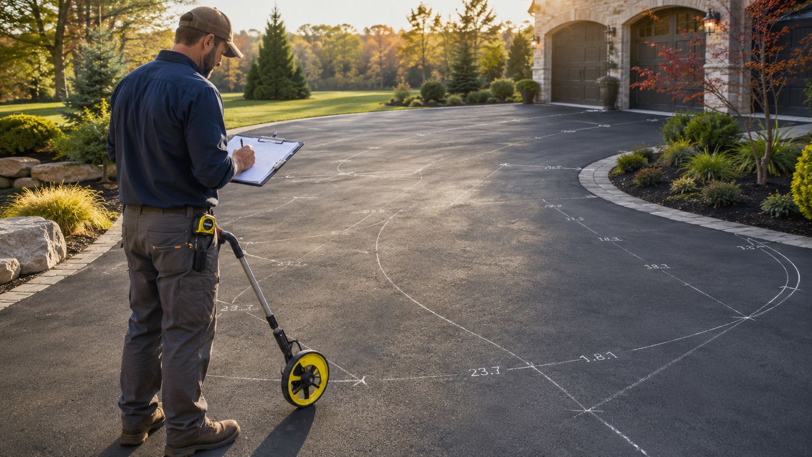 A surveyor using a measuring wheel and clipboard to plan an asphalt seal coat project on a driveway.