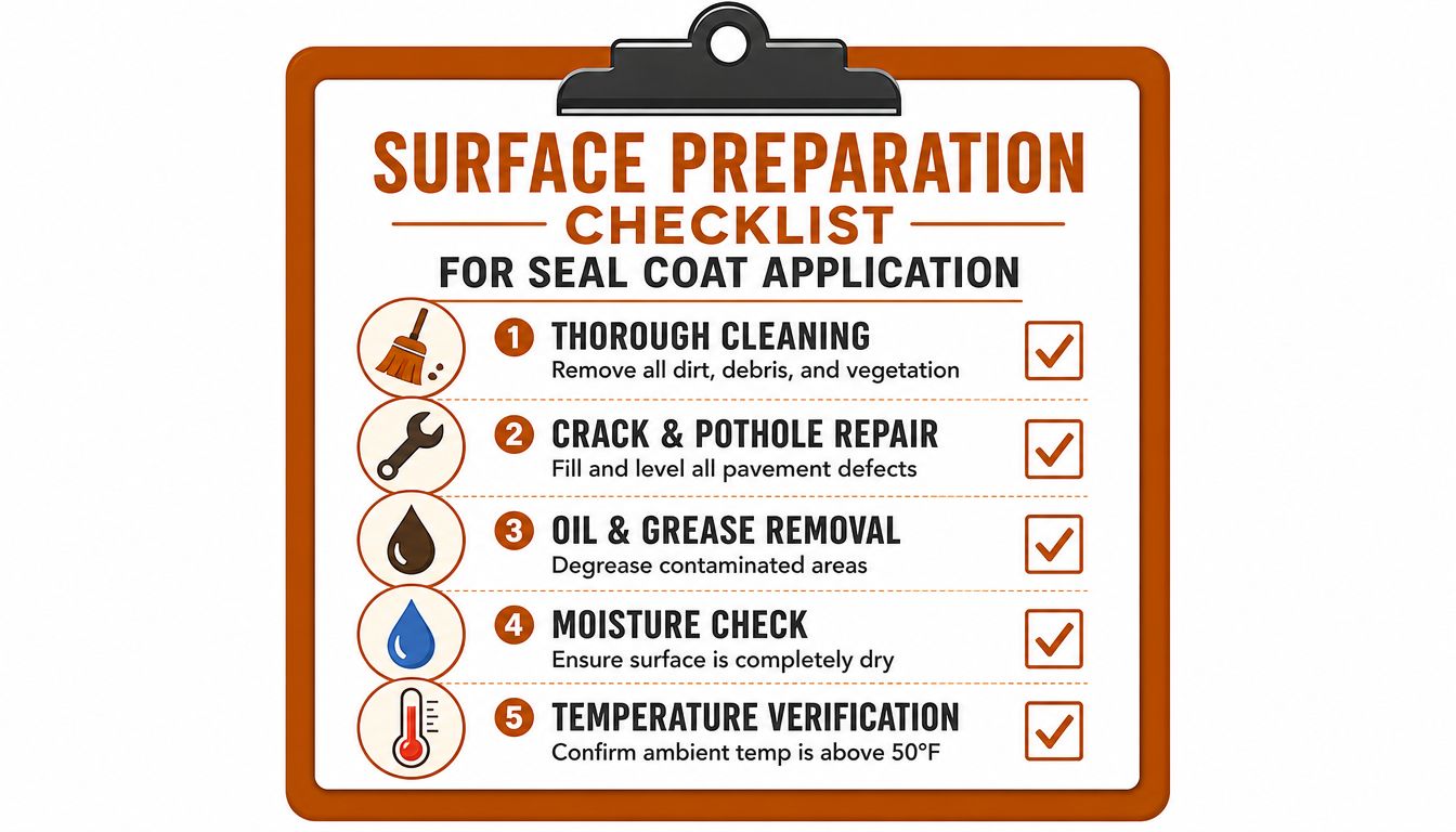 A surface preparation checklist for asphalt seal coat application featuring five essential steps for pavement maintenance.
