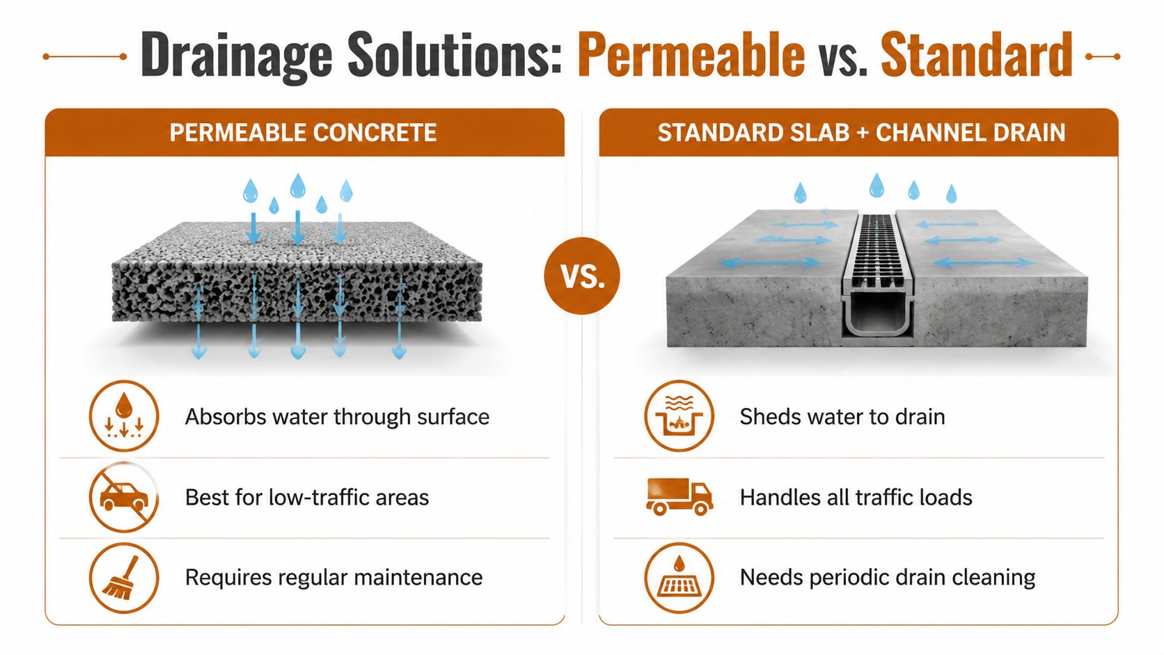 A comparison infographic showing permeable concrete drainage versus a standard concrete slab with a channel drain system.