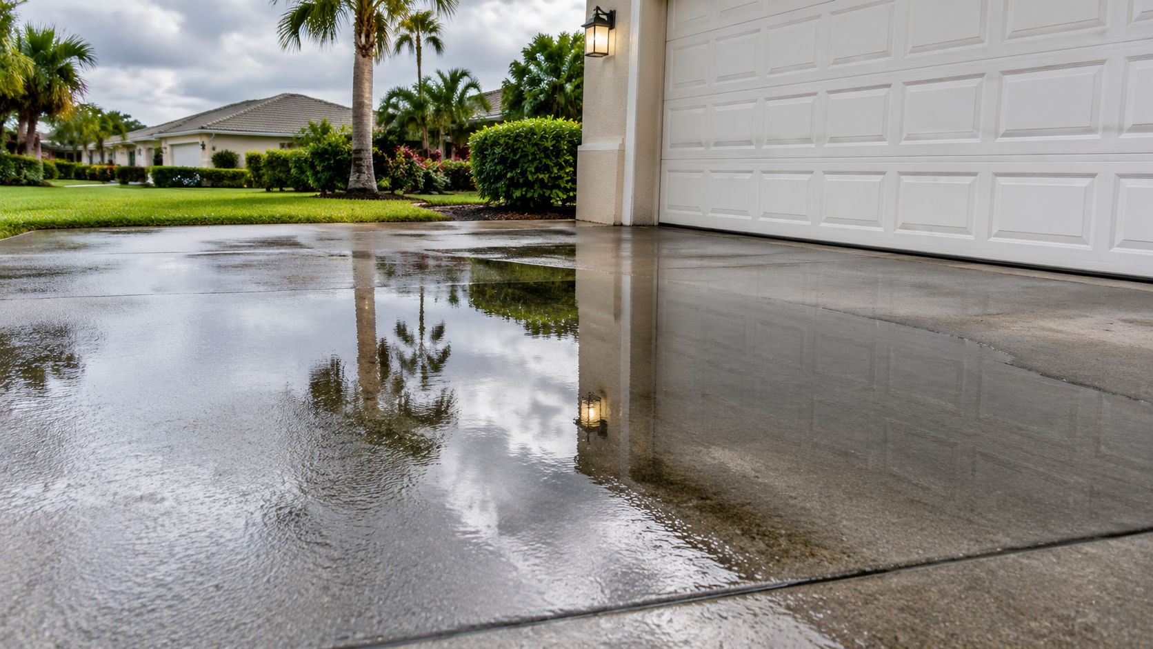 A wet concrete driveway with a reflection of palm trees and a house after a recent rain.