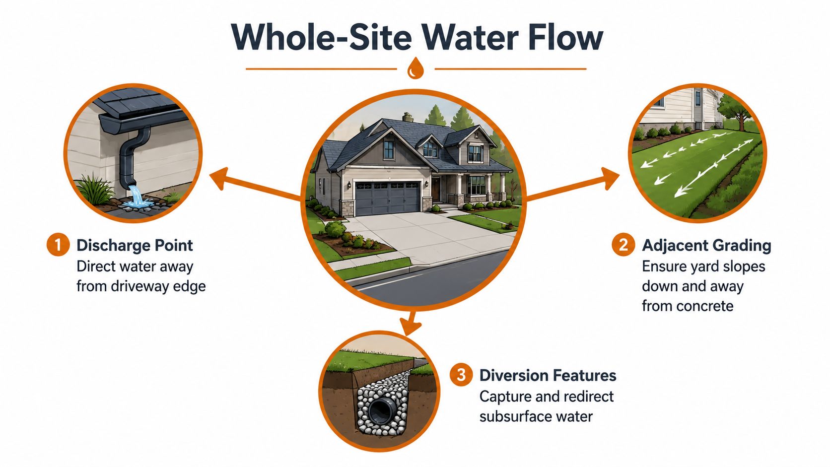 A diagram illustrating whole-site water flow management around a home to protect concrete surfaces.
