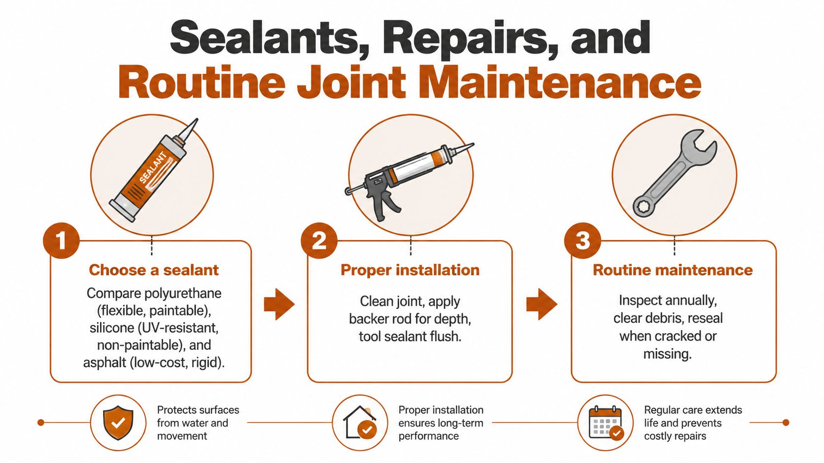 An infographic showing the three steps for maintaining concrete driveway expansion joints through selection, installation, and care.