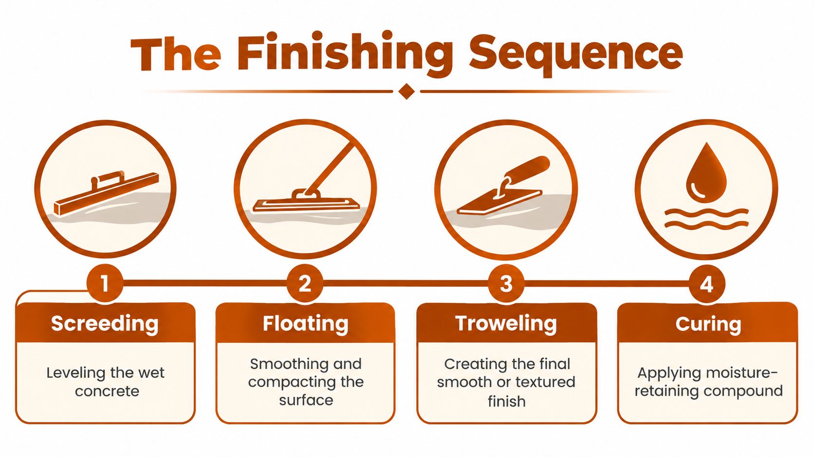 An infographic illustrating the four-step concrete finishing sequence: screeding, floating, troweling, and curing process.