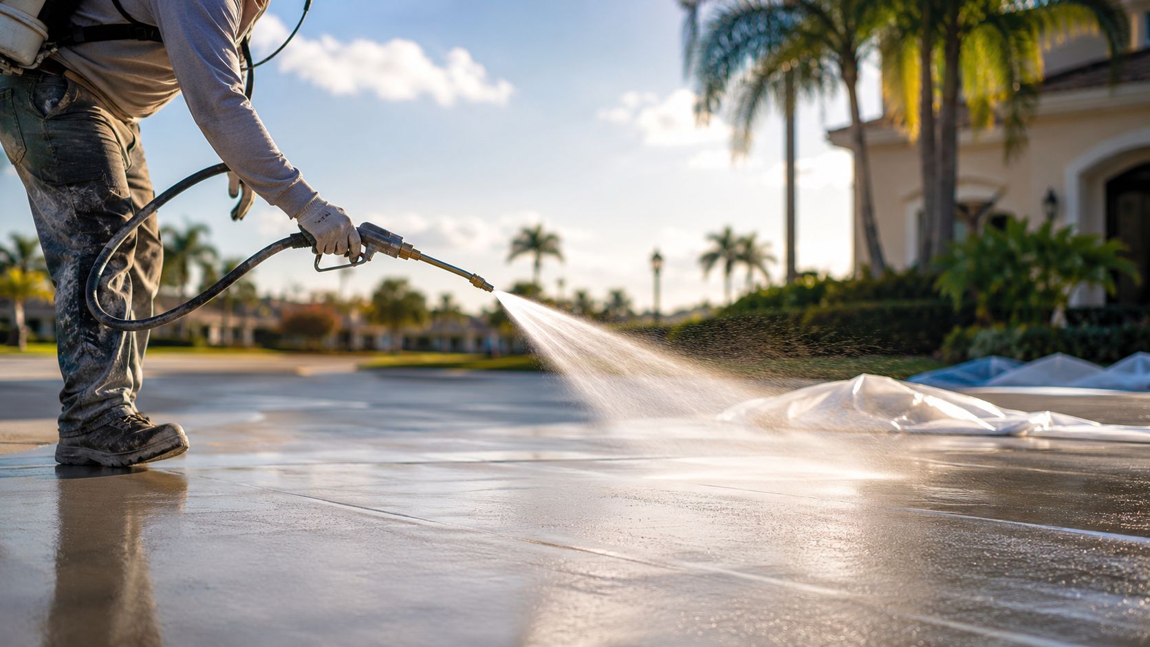 A professional worker using a high-pressure spray nozzle to apply sealant to a concrete driveway surface.