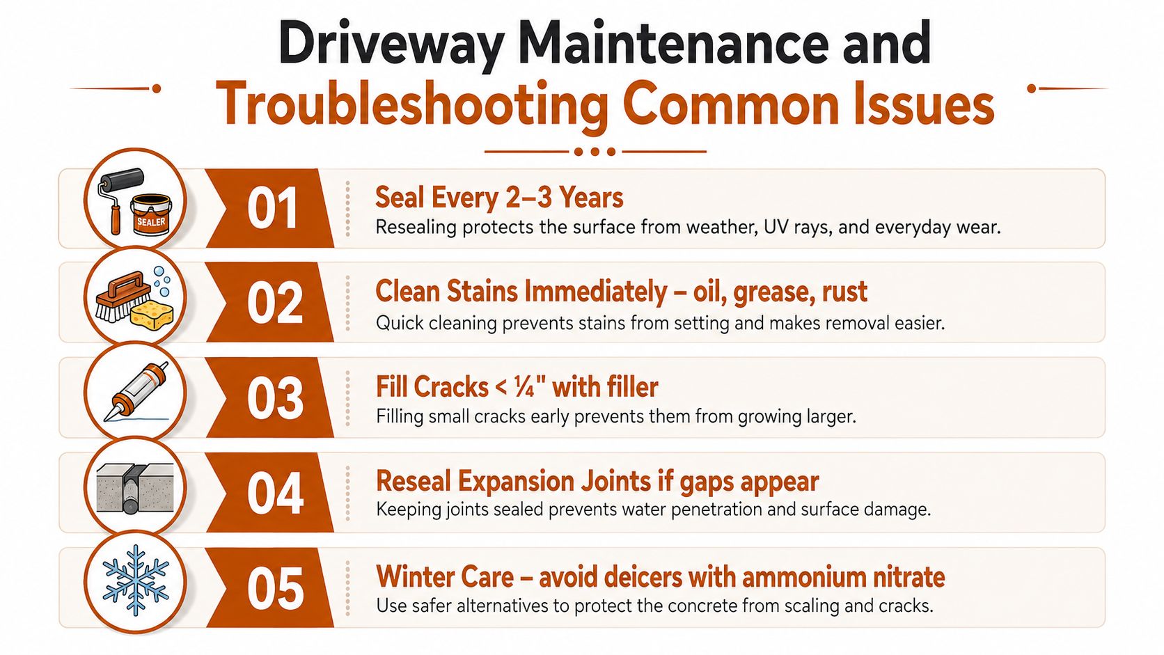 An infographic titled Driveway Maintenance and Troubleshooting Common Issues, listing five essential tips for maintaining residential concrete driveways.