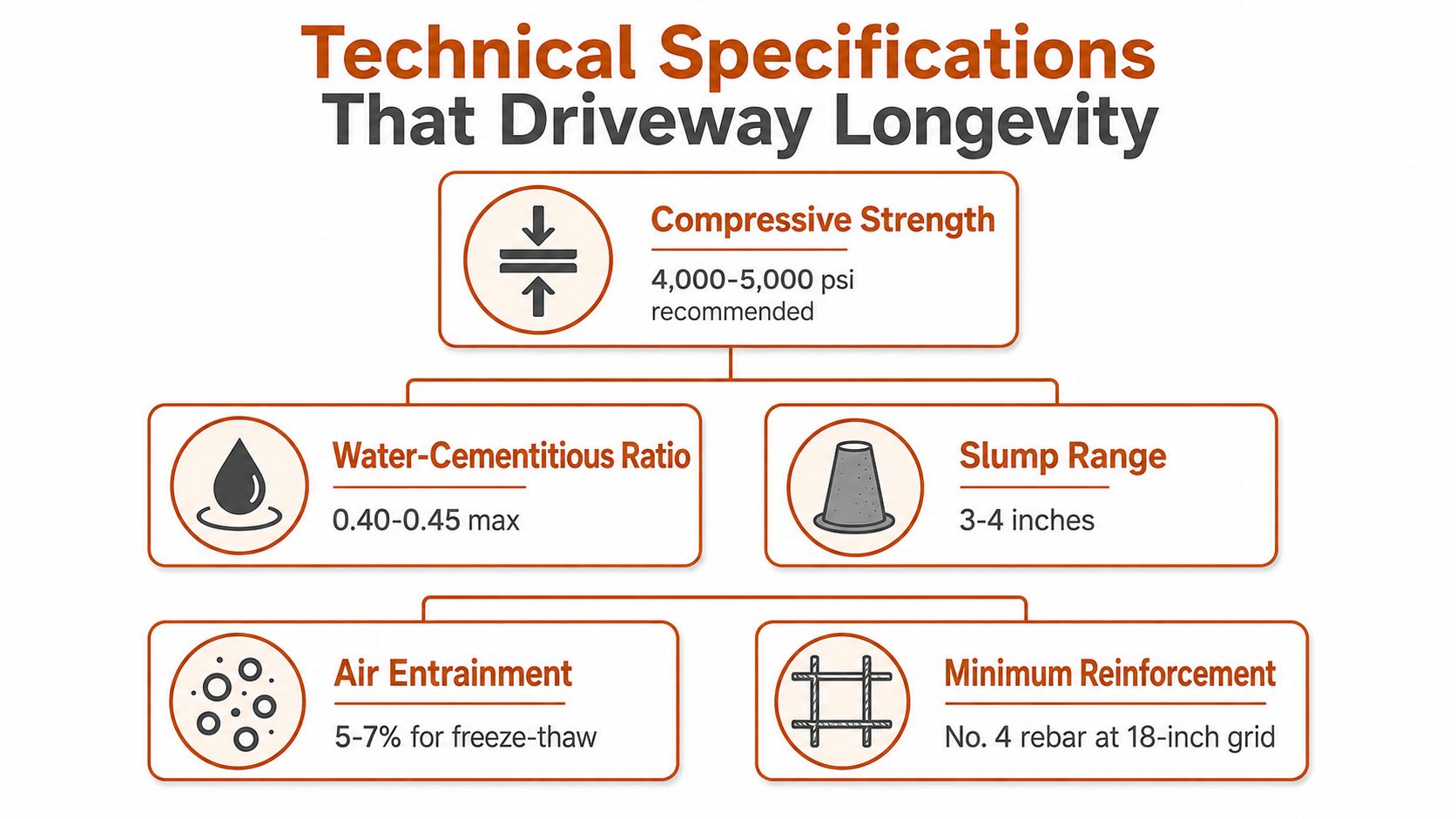 An infographic detailing technical specifications for concrete driveway installation, including strength, water ratios, and reinforcement requirements.