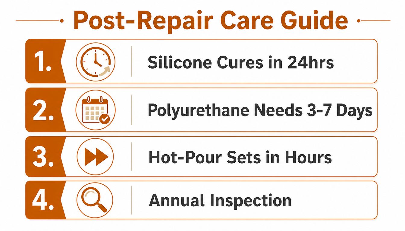 A Post-Repair Care Guide for various materials, listing curing times and the importance of annual inspections.