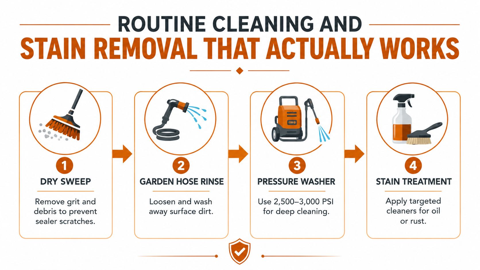 A four-step infographic illustrating routine cleaning and stain removal process for a concrete patio or driveway.