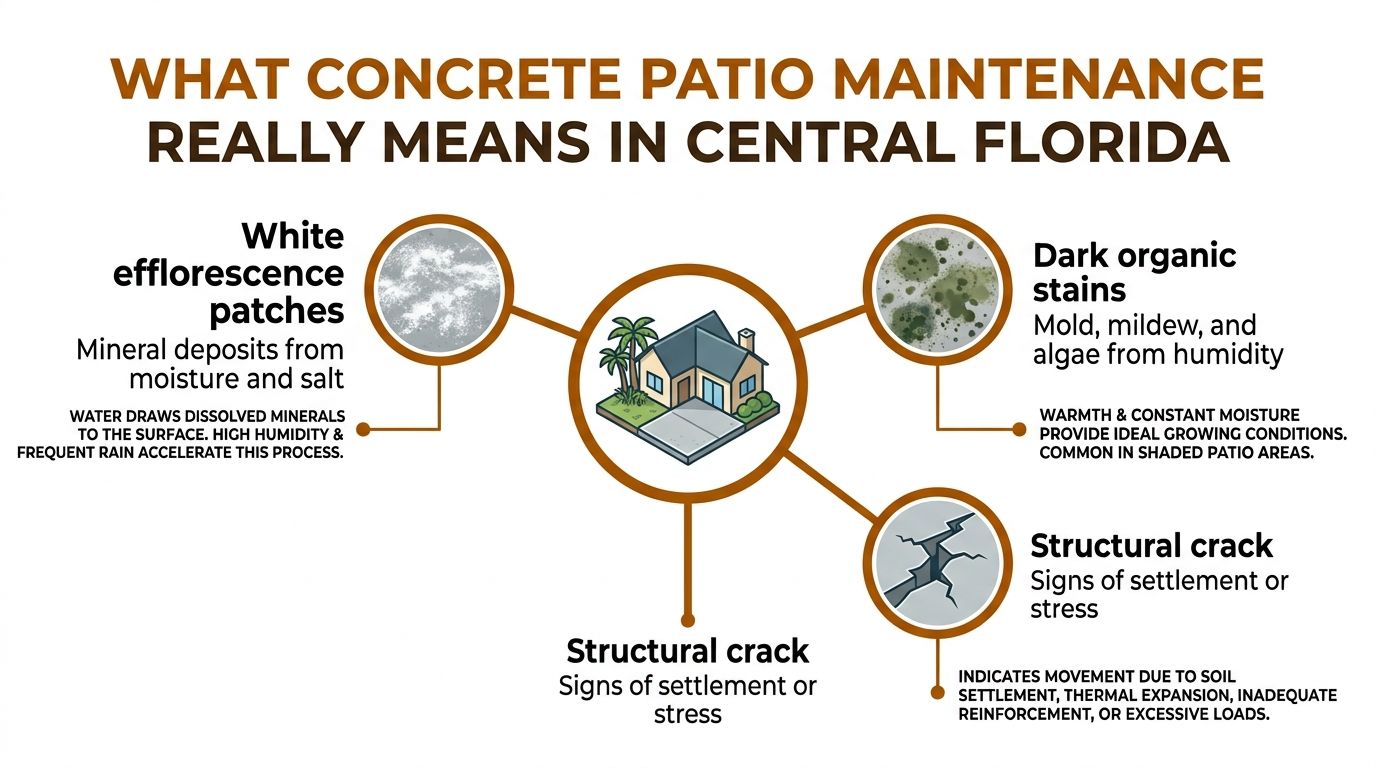 An infographic detailing common concrete patio maintenance issues in Central Florida including efflorescence, organic stains, and structural cracks.