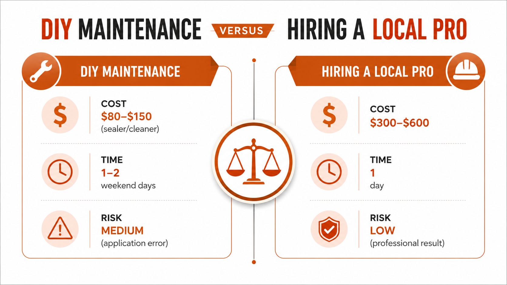 A comparison infographic showing the cost, time, and risk differences between DIY concrete patio maintenance versus hiring a professional.