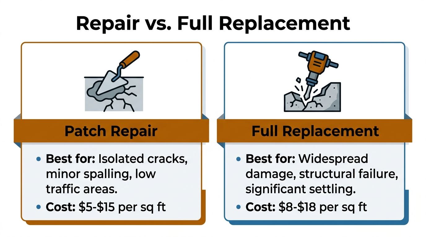 A comparison chart showing Patch Repair versus Full Replacement costs for concrete maintenance with recommended use cases.