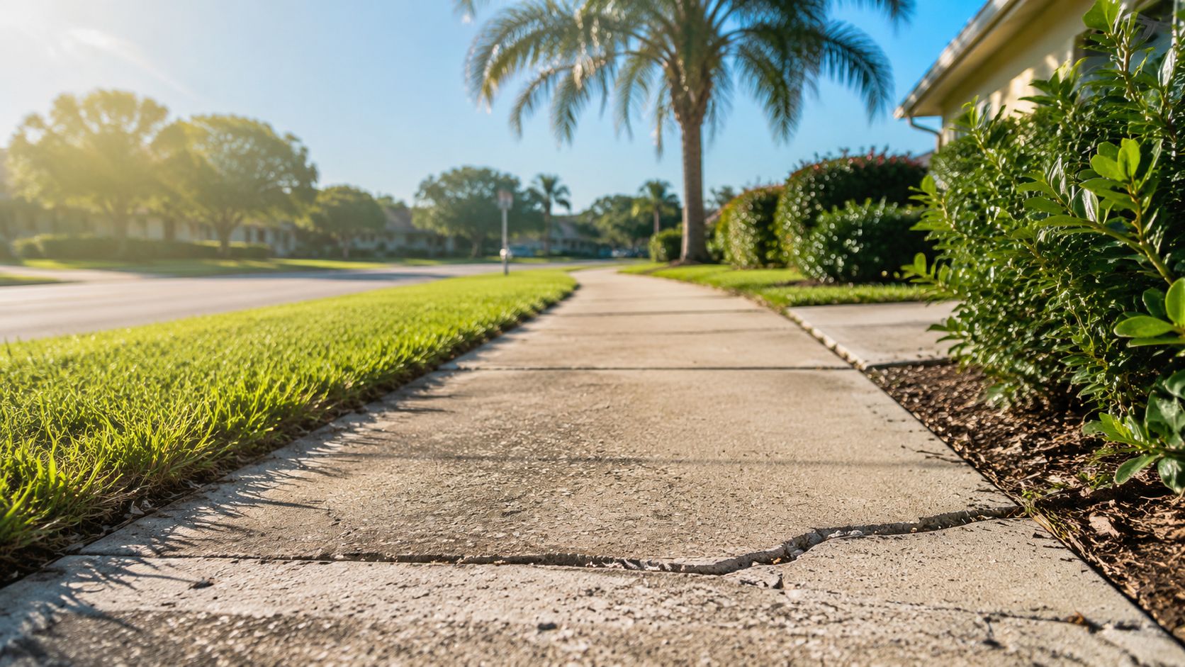 A cracked concrete sidewalk leading through a sunny suburban residential neighborhood with green lawns and palm trees.
