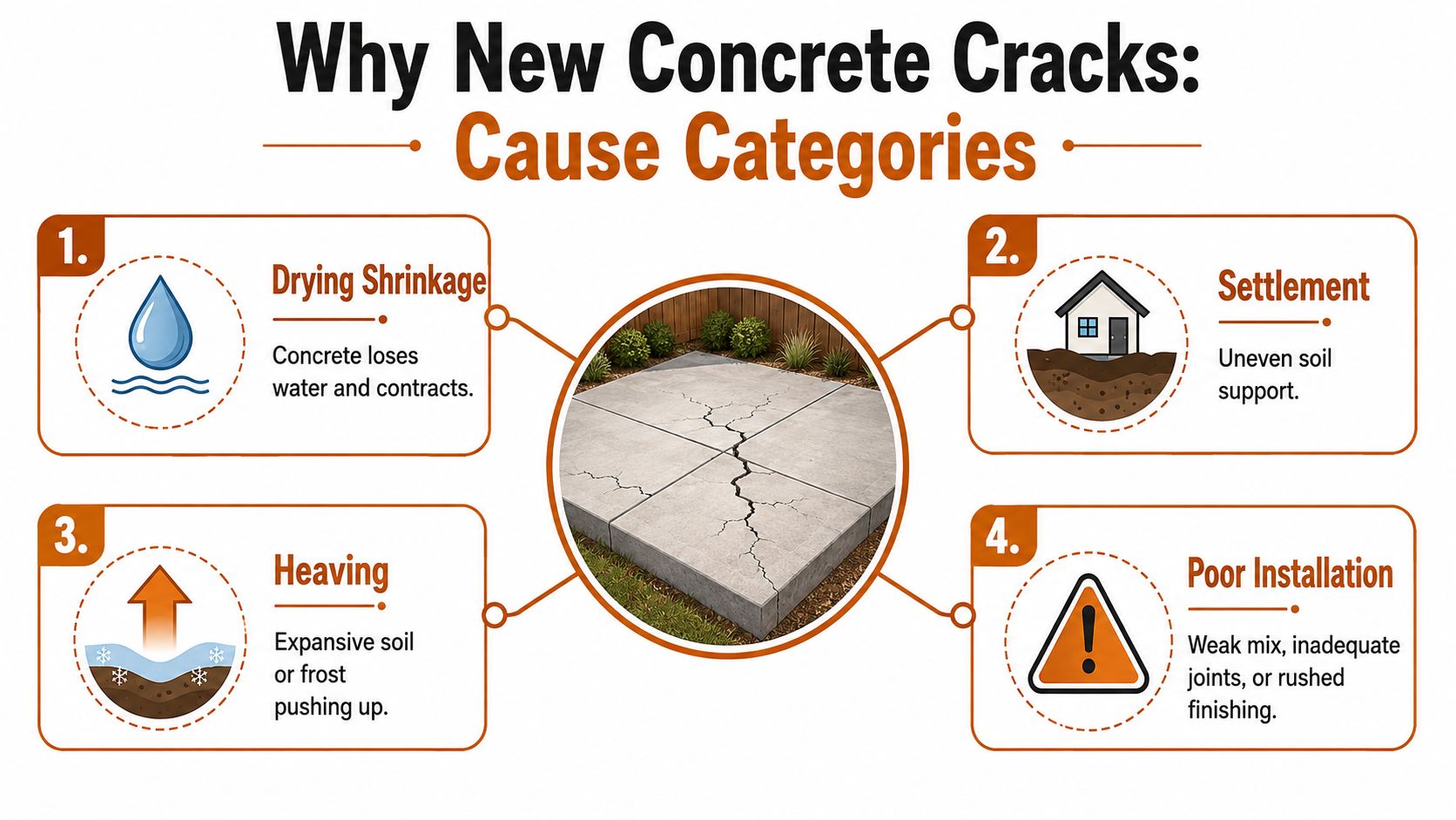 An infographic showing four common causes of cracks in new concrete: drying shrinkage, settlement, heaving, and poor installation.