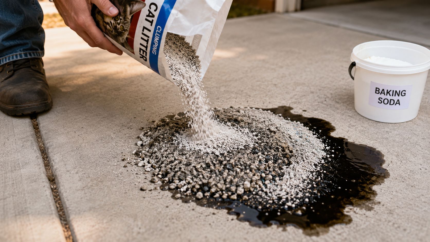 A person pouring absorbent cat litter onto a fresh oil spill on a concrete driveway for cleanup.