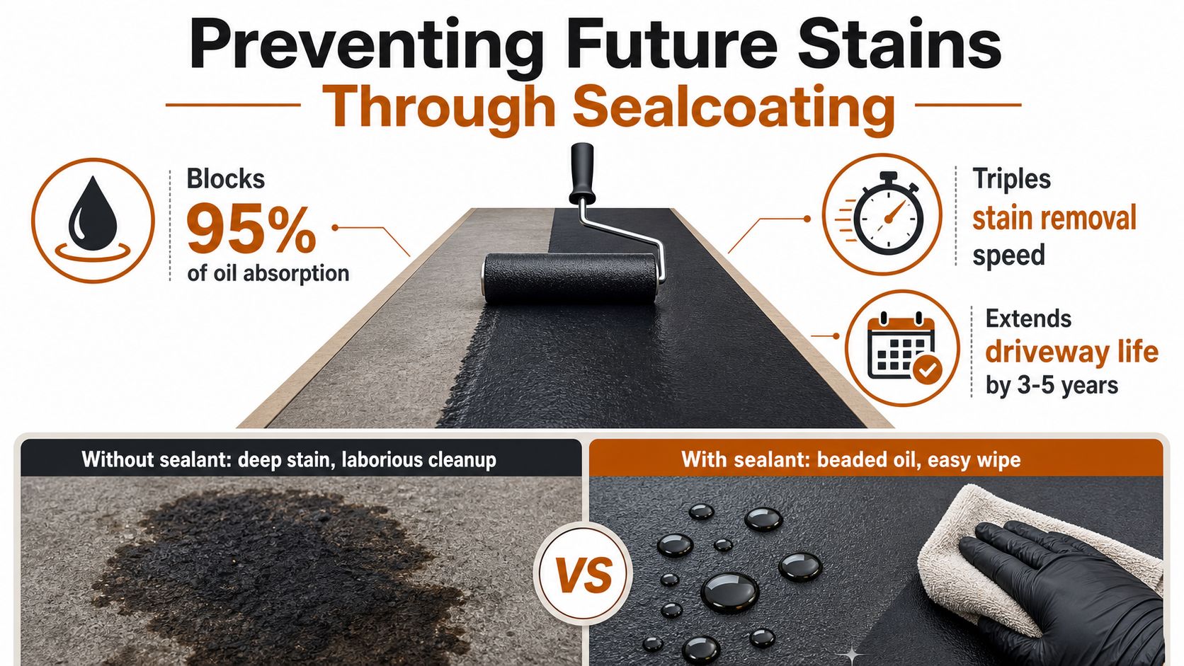 A diagram comparing driveway surfaces with and without sealant, demonstrating how sealcoating prevents oil stain absorption.