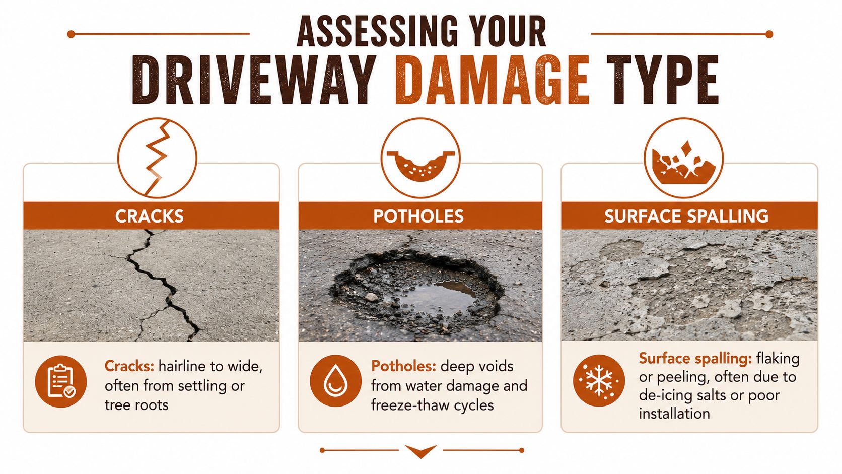 An infographic showing three common types of driveway damage including cracks, potholes, and surface spalling.