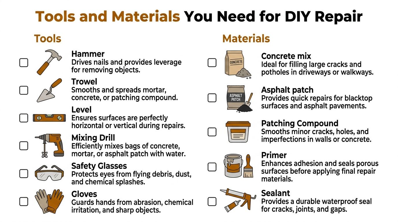 An infographic showing essential tools and materials for DIY home repair projects such as concrete and asphalt.