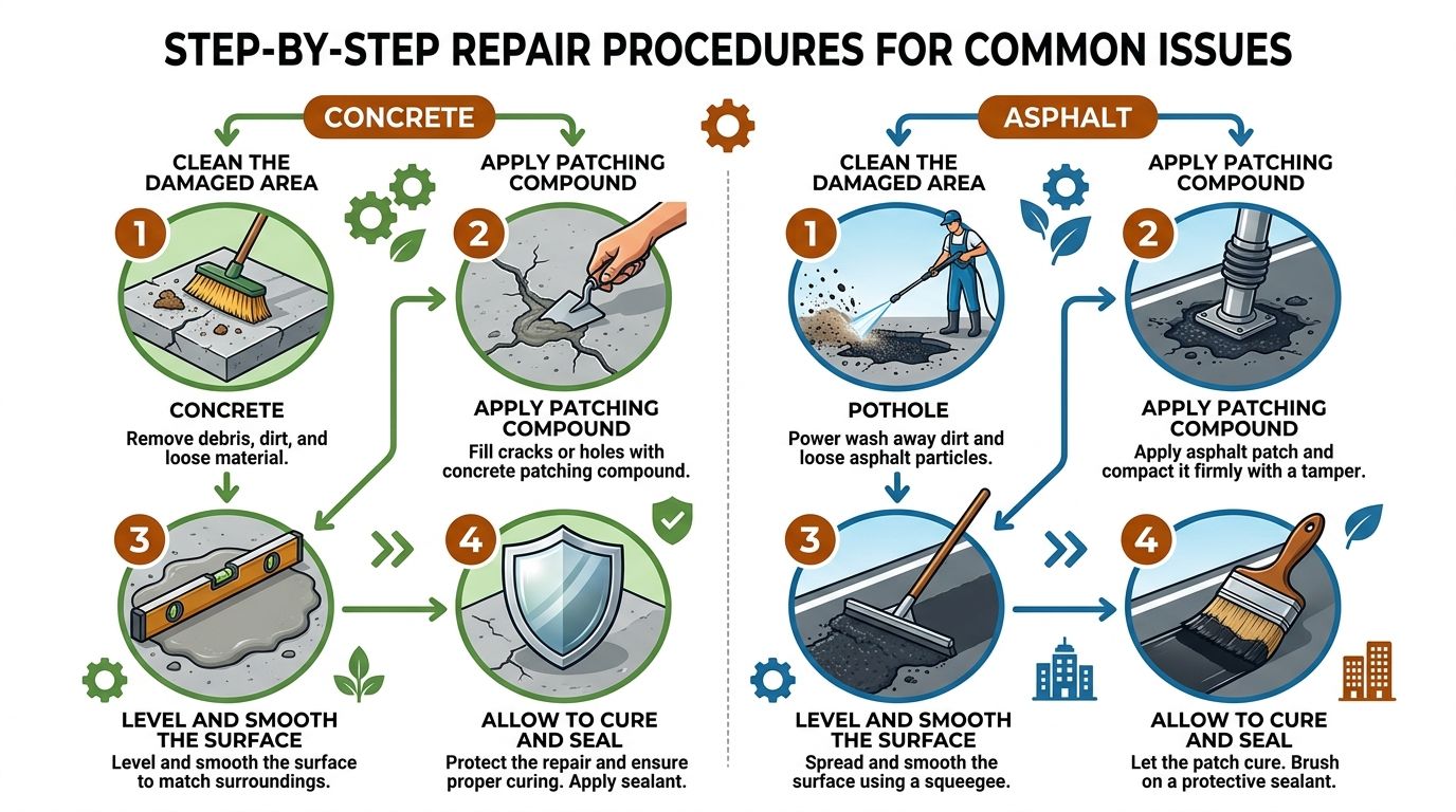 A step-by-step infographic showing how to repair damaged concrete and asphalt surfaces for DIY home projects.