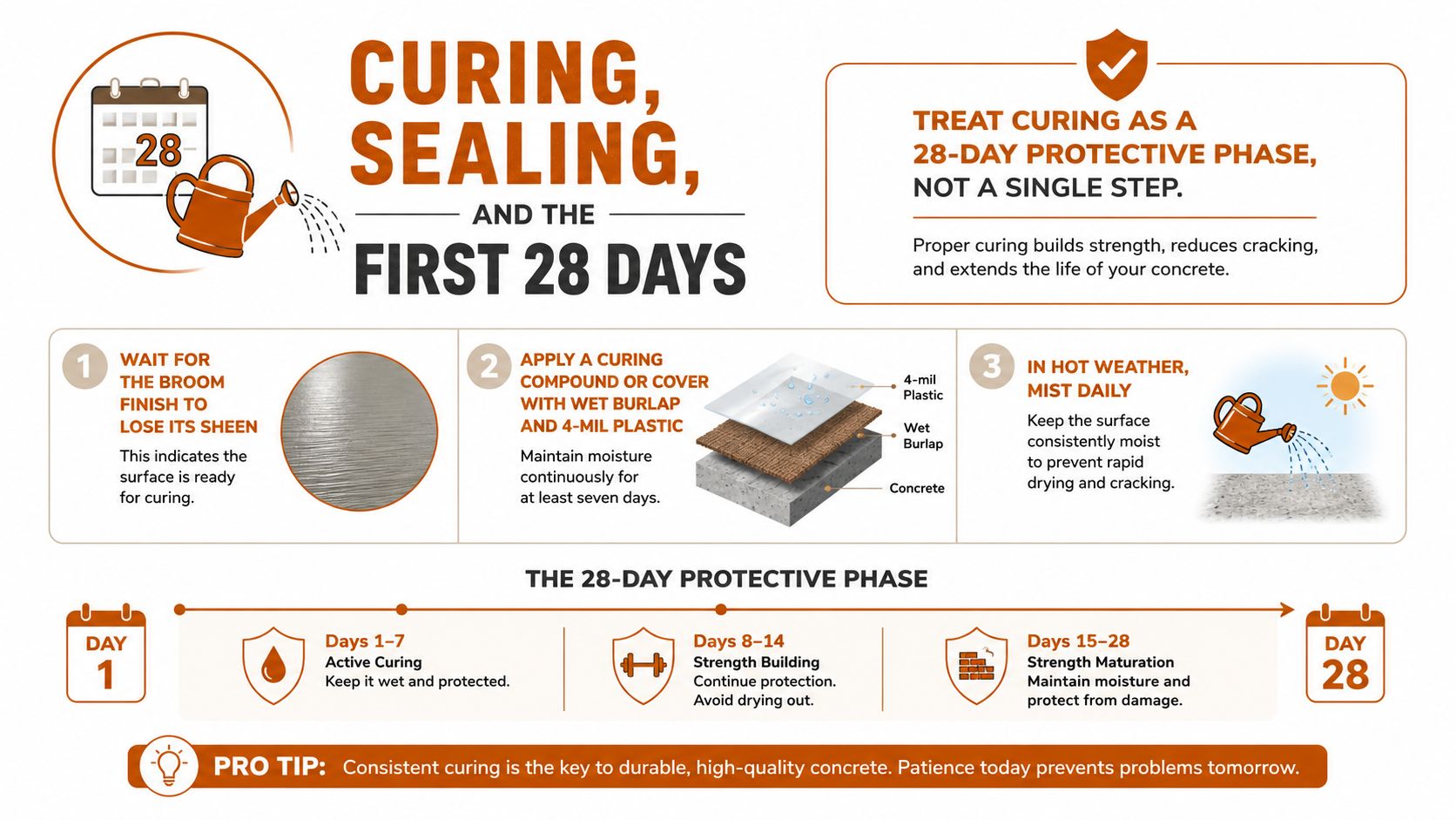 An infographic detailing the twenty-eight day concrete curing process, including methods for sealing and maintenance to ensure durability.