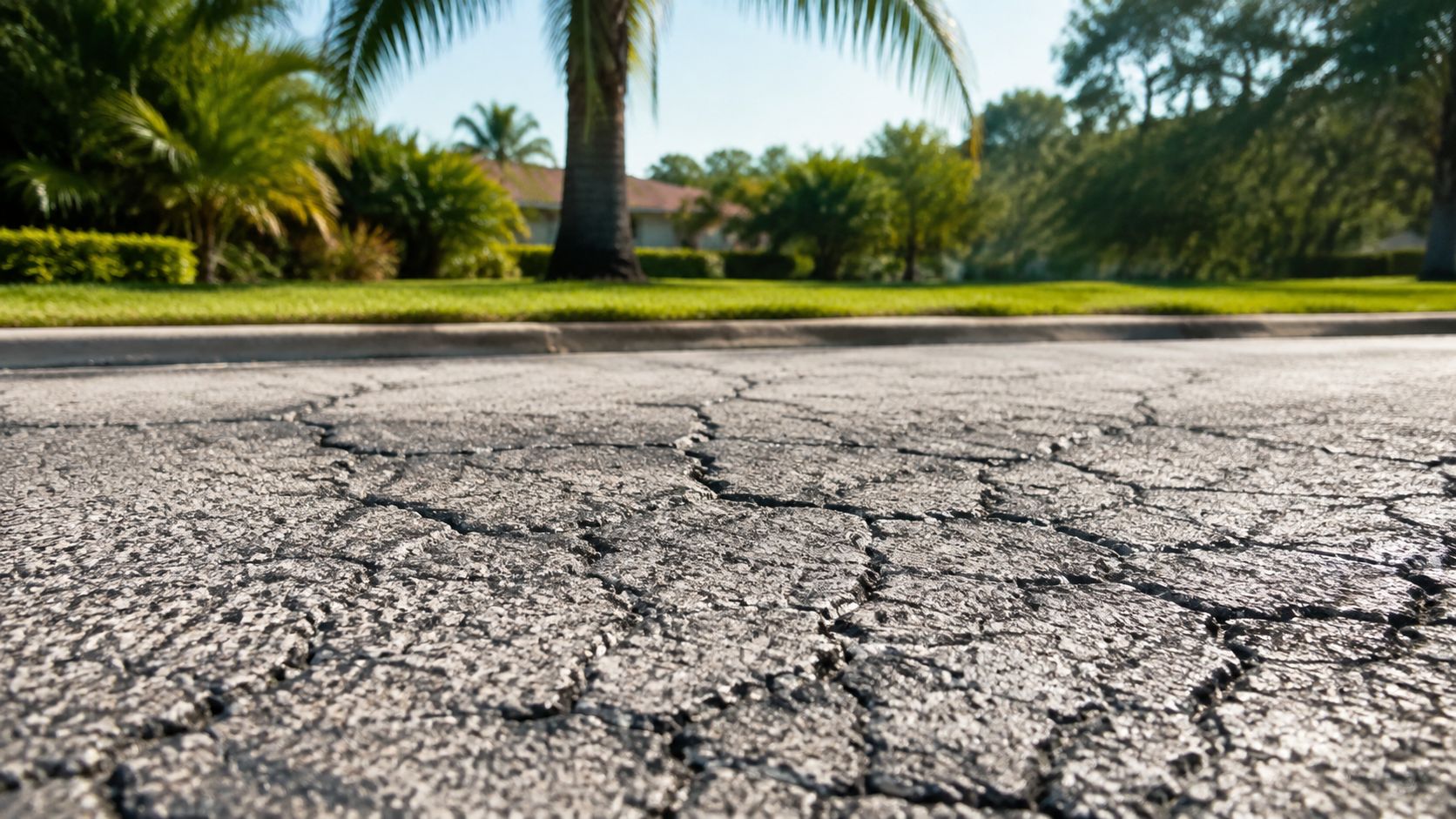 A close-up view of a severely cracked and weathered asphalt road surface with green landscaping in background.