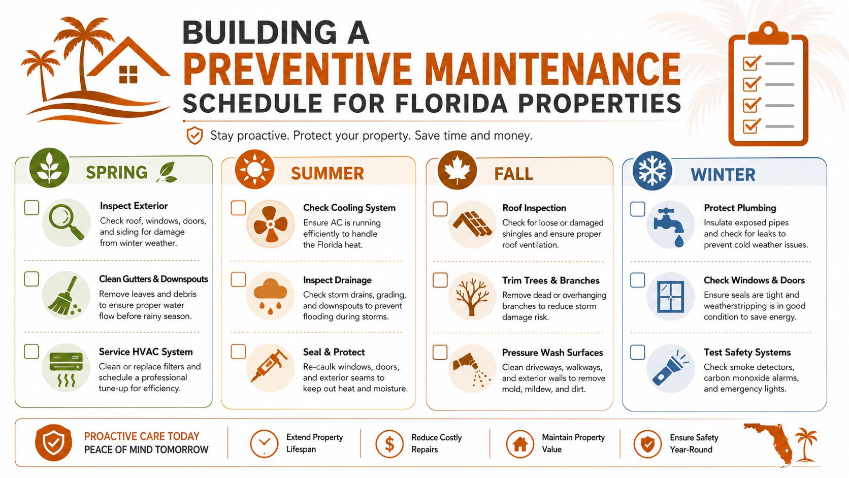 A comprehensive checklist infographic detailing preventive home maintenance tasks for each season in Florida properties.