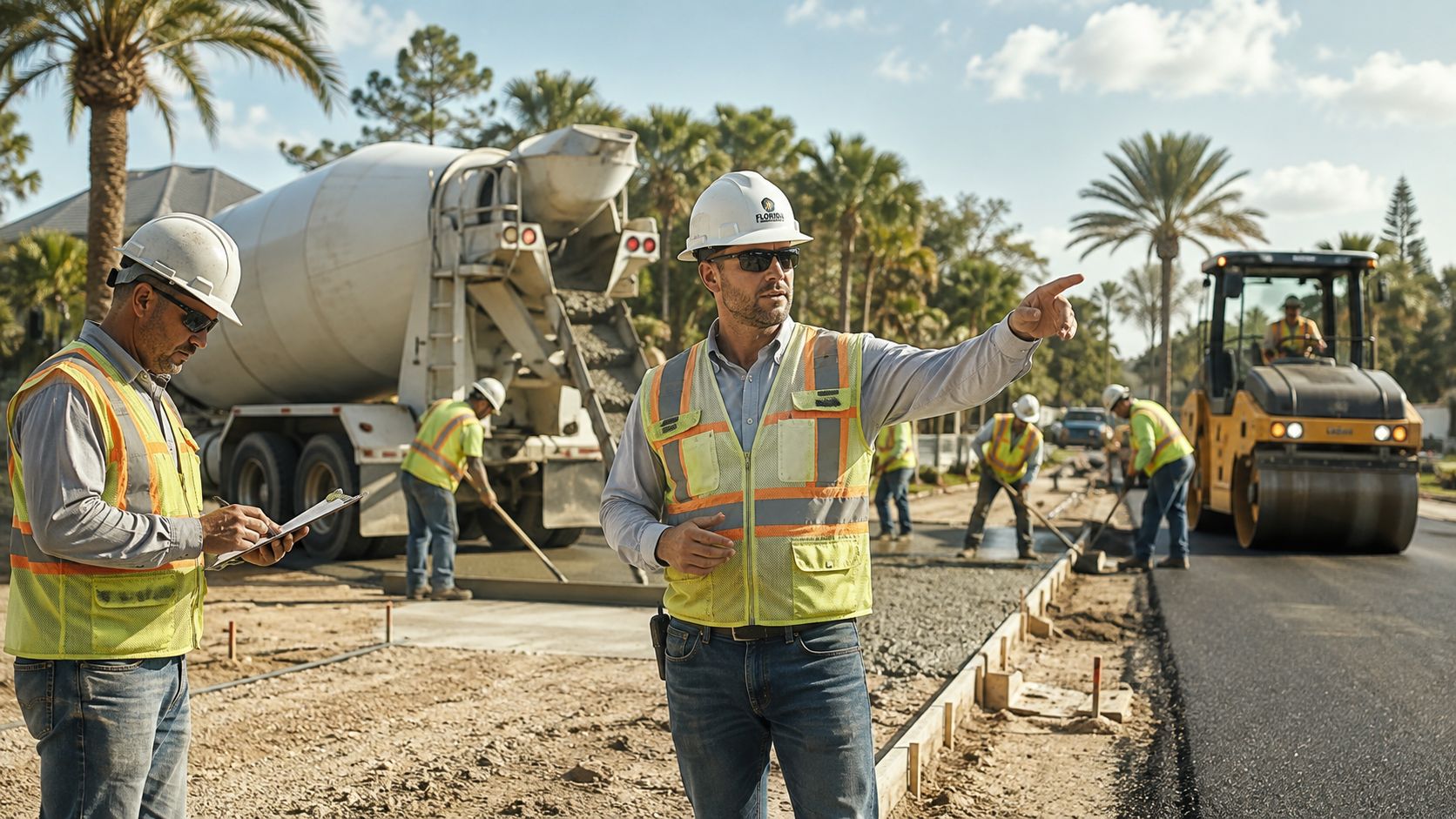 A construction site manager giving directions to a team working on a road project near a cement truck.