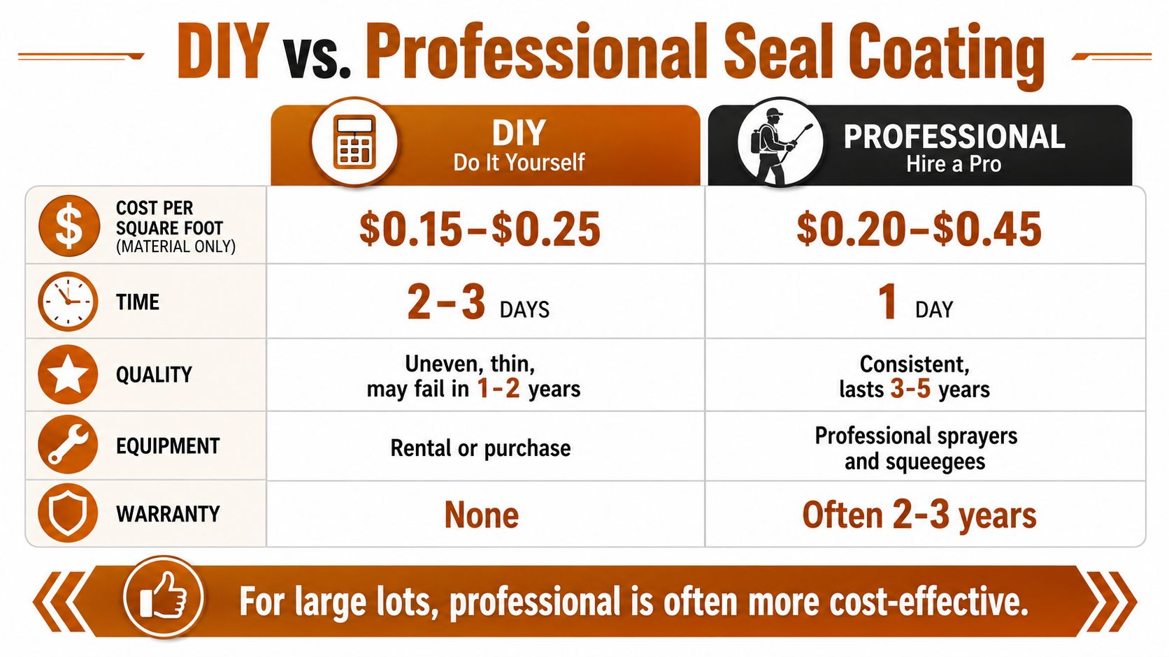 A comparison chart showing the differences between DIY and professional driveway or parking lot seal coating services.