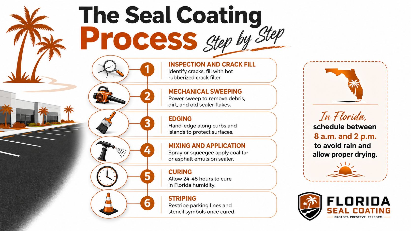 An infographic detailing the six-step professional seal coating process for parking lots in Florida.
