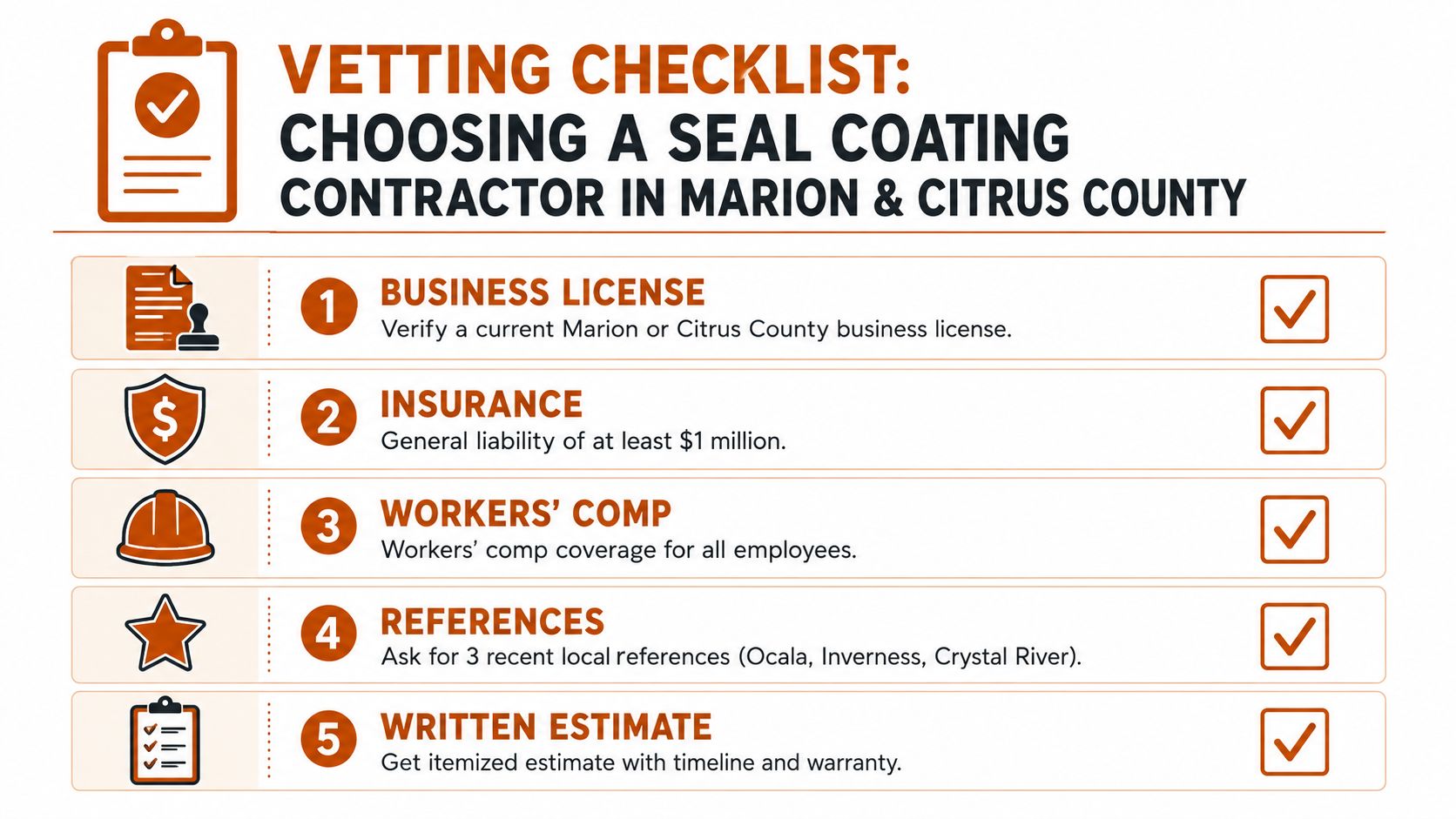 A vetting checklist for choosing a seal coating contractor in Marion and Citrus County, Florida.