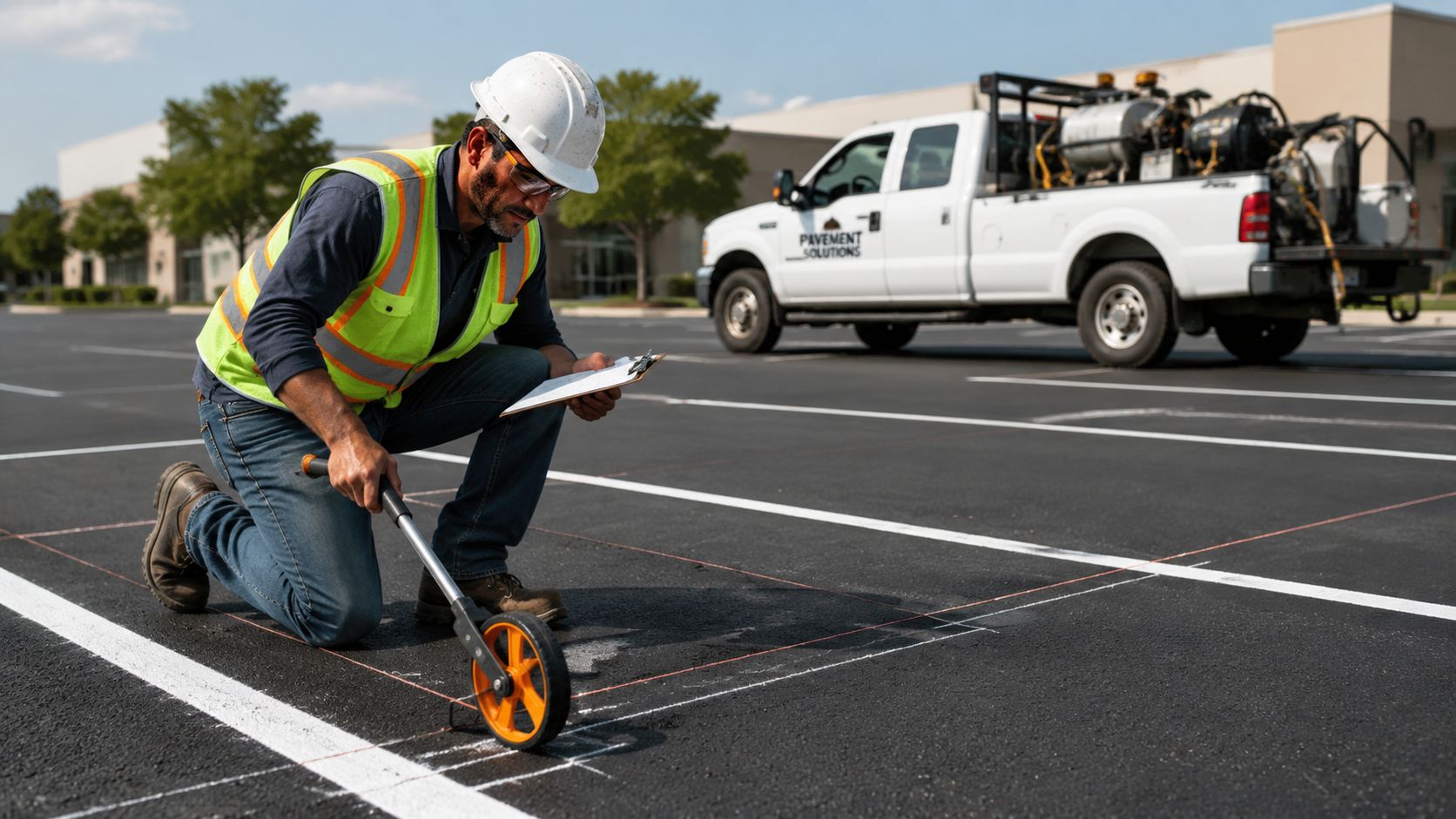 A construction worker in a high-visibility vest measuring a parking lot line with a measuring wheel.