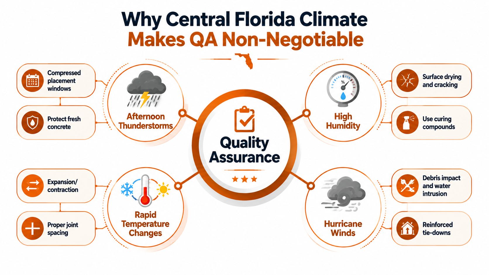 An infographic illustrating why quality assurance processes are essential for construction in the Central Florida climate.