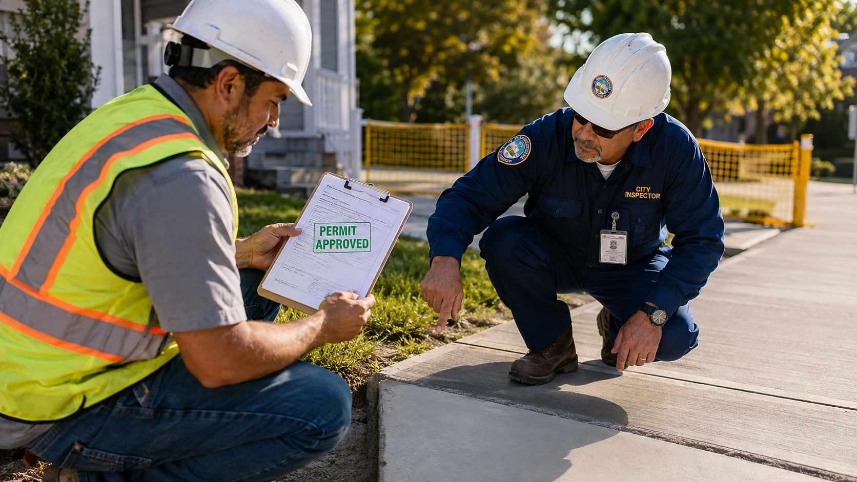 A city inspector and a construction contractor reviewing approved permit paperwork for a new sidewalk installation.