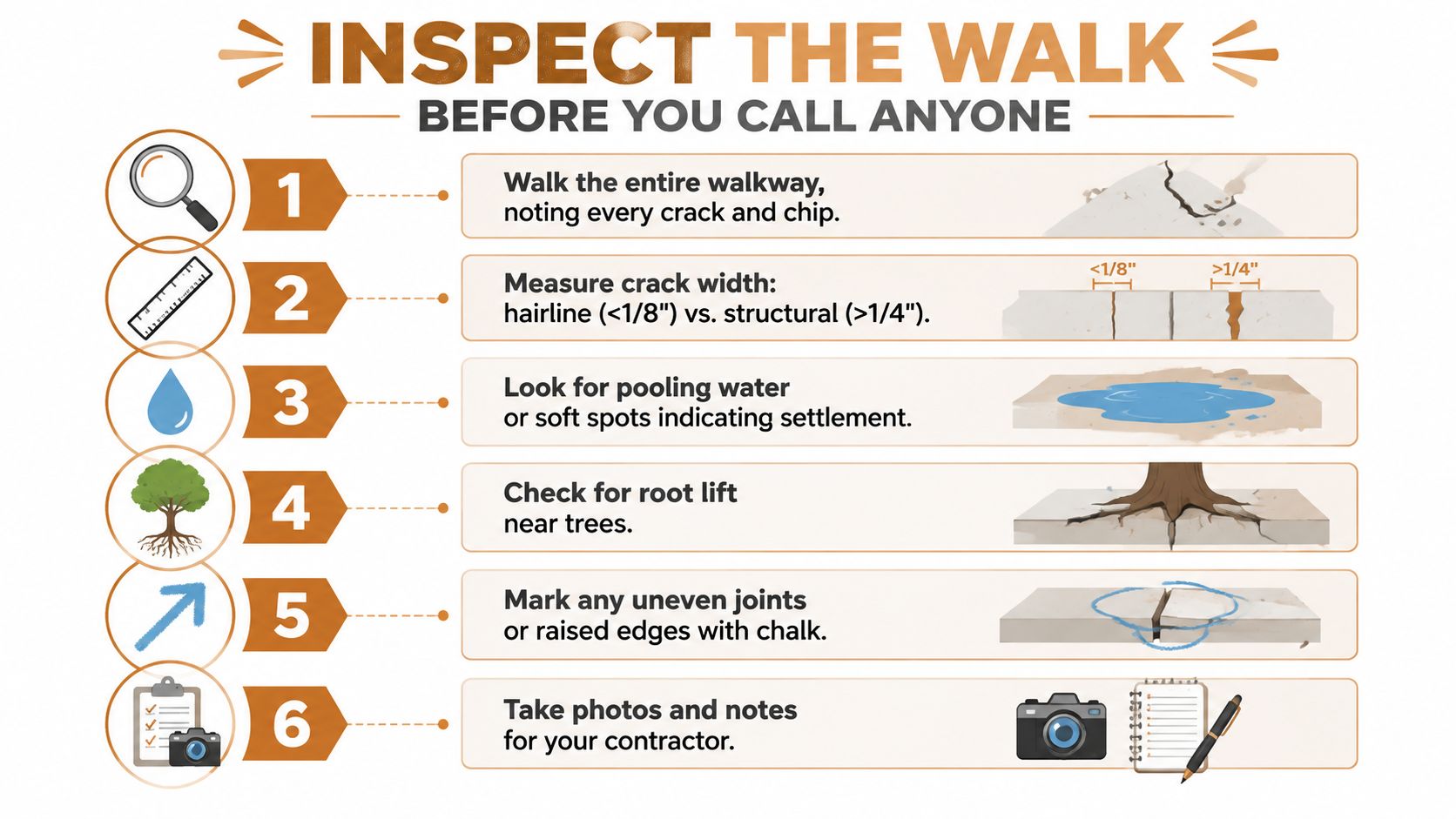 An infographic titled Inspect The Walk guiding homeowners on how to inspect their sidewalks for common damages.