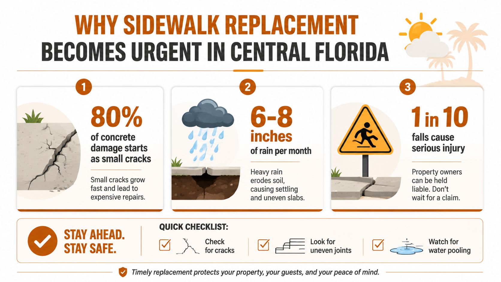 An infographic explaining the urgency of sidewalk replacement in Central Florida due to environmental and safety factors.