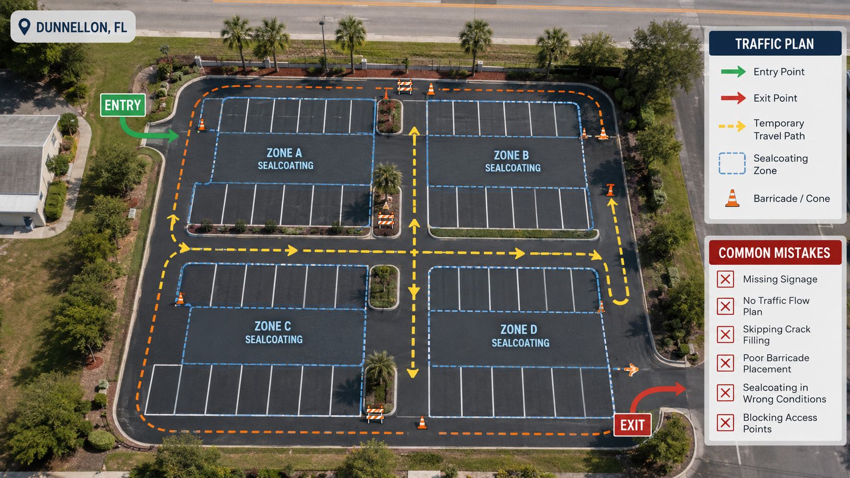 An aerial diagram of a parking lot traffic management plan with designated sealcoating zones and paths.