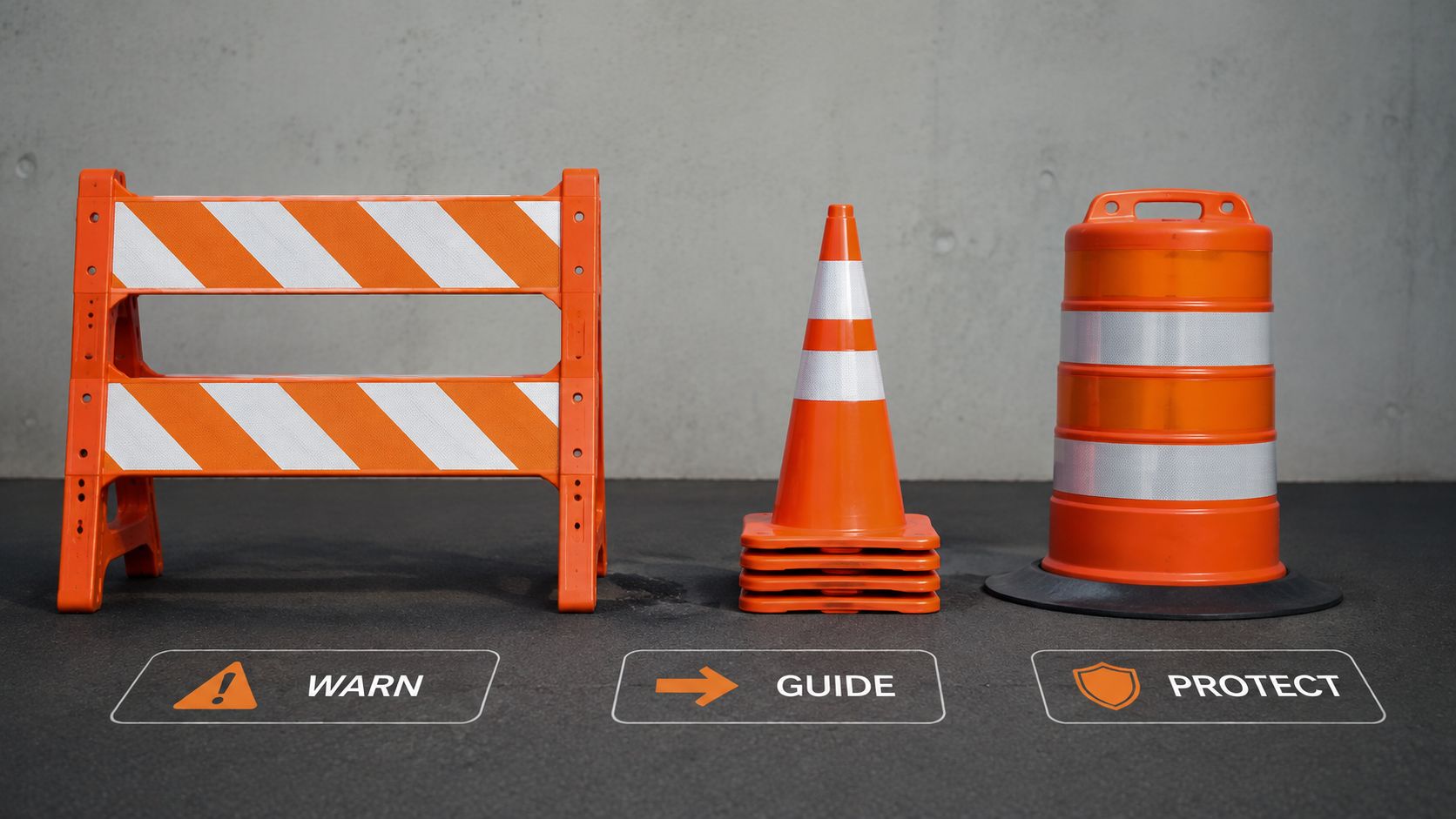 Three orange road safety devices including a barricade, traffic cone, and drum labeled warn, guide, and protect.