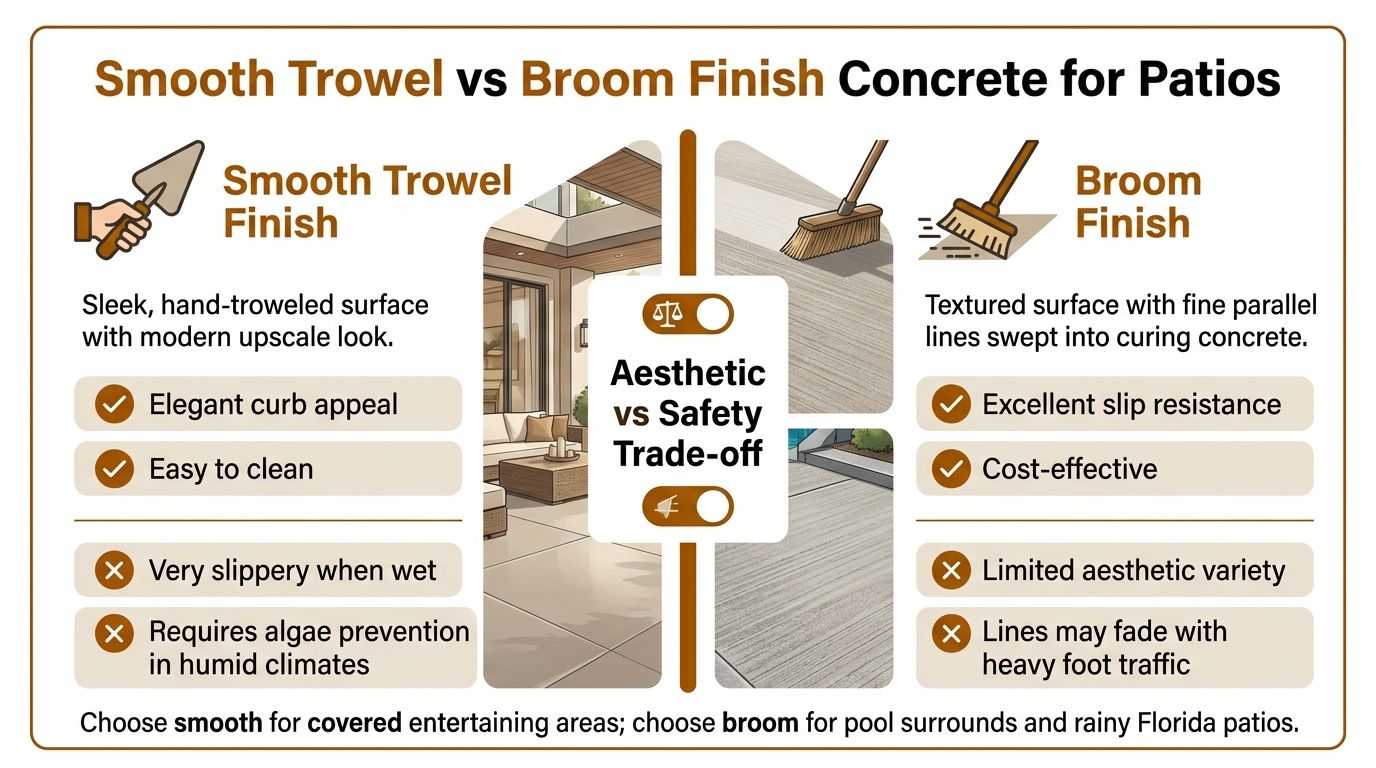 A comparison infographic between smooth trowel and broom finish concrete for patio design and safety considerations.