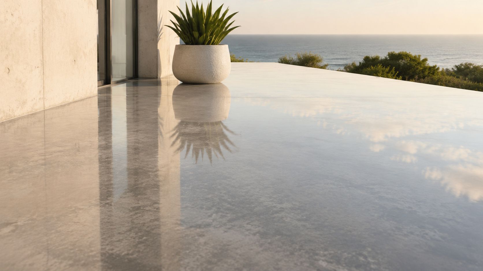 A modern patio featuring highly polished concrete flooring reflecting the sunset sky and a potted agave plant.